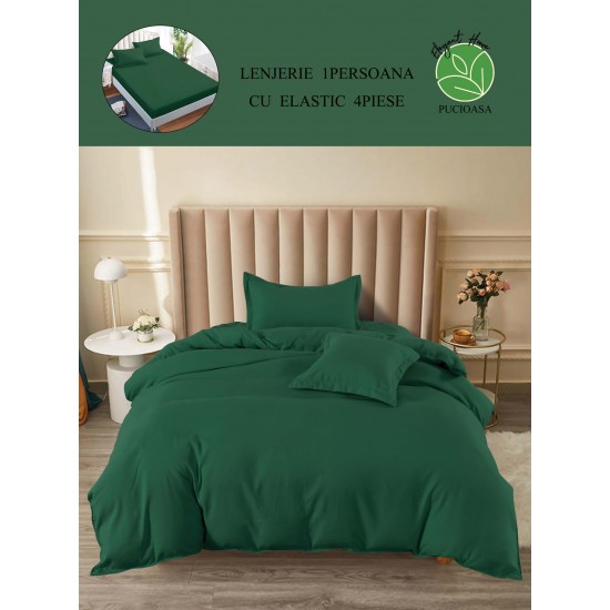 Lenjerie de Pat din Finet, 4 Piese, Pat 1 Persoana, cu ELASTIC, Verde Inchis, LFS-065 Lenjerii Finet 1 persoana