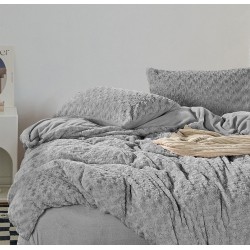 Lenjerie pat dublu, Super Pufoasa, din Blanita artificiala de Iepure, 4 piese, Gri, LCE-004