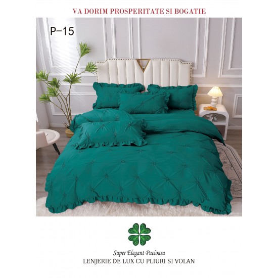 Lenjerie de pat dublu finet 4 piese cu pliuri și volănașe–verde smarald, LDI-088 Lenjerii cu Pliuri