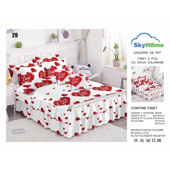 Lenjerie pat dublu, BUMBAC FINET, 6 piese, cu VOLANASE, Alb-Rosu, inimioare, LDV-005 Lenjerii Finet cu Volanase