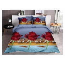 Set Lenjerie de Pat din Bumbac Satinat, 4 Piese, Pat 2 Persoane, Imprimeu 3D Identic cu Poza, Gri-Rosu, ,flori, LSD-033