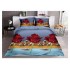 Set Lenjerie de Pat din Bumbac Satinat, 4 Piese, Pat 2 Persoane, Imprimeu 3D Identic cu Poza, Gri-Rosu, ,flori, LSD-033