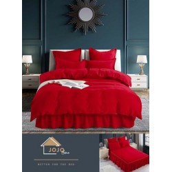 Lenjerie pat dublu, BUMBAC FINET, 6 piese, cu volanase, Jojo, Rosu, LVU-005