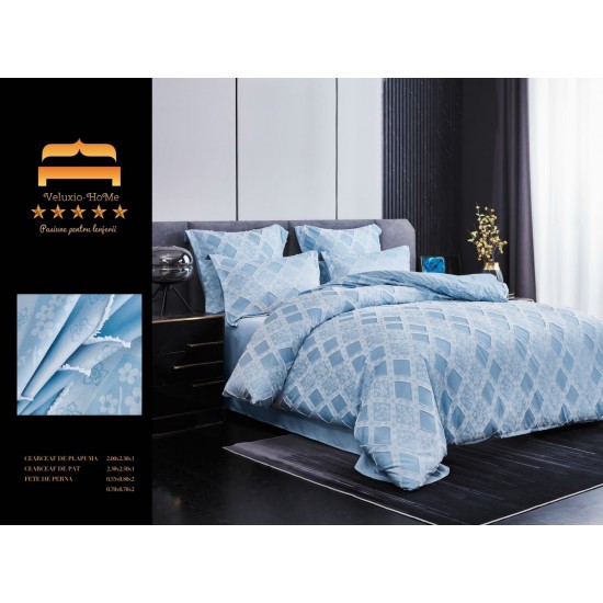 Lenjerie pat dublu, Finet Deluxe cu Smocuri Brodate, 6 piese, Bleu, LSB-033 Bumbac Superior