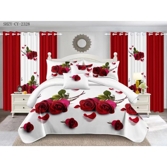 Set Lenjerie Pufoasa Cocolino cu Elastic, 4 Piese, Pat 2 Persoane, Alb-Rosu, flori, LEC-085 Lenjerii Cocolino 4 piese cu ELASTIC