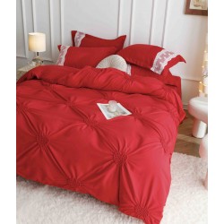 Lenjerie pat dublu finet 6 piese cu pliuri, inimioare și broderie-rosu, LIB-030