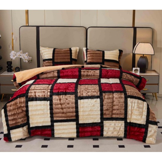 Set Pilota Pufoasa Cocolino, 3 Piese, 200x230 cm, Multicolor-Rosu, patrate, PDC-036 Pilote iarna cu blana