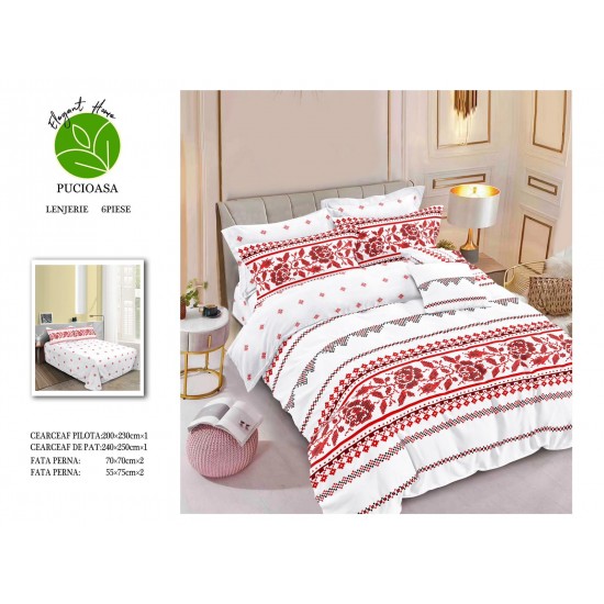 Lenjerie de pat din Finet, Jojo, 6 Piese, Pat 2 Persoane, Persoane, Alb-Rosu-Negru, model traditional, LDF-142 Lenjerii Finet 6 piese
