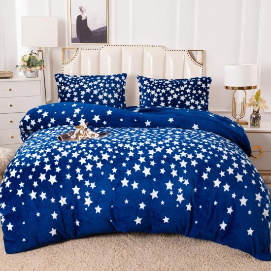 Lenjerie pat dublu, Super Pufoasa COCOLINO, 4 piese, Albastru-Alb, stele, LDC-129 Lenjerii cocolino 4 piese