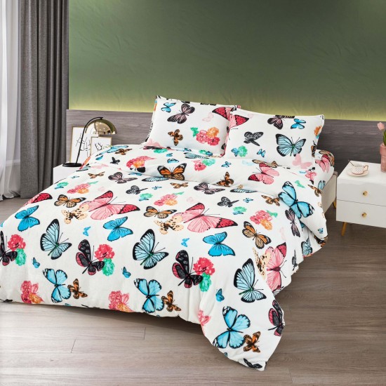 Lenjerie pat dublu, Super Pufoasa COCOLINO, 4 piese, Alb-Multicolor, fluturi, LDC-071 Lenjerii cocolino 4 piese