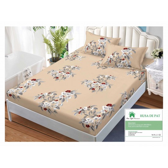 Husa pat cu elastic, Bumbac FINET, 180x200cm, 2 fete de perne 50x70cm, Bej, flori, HDF-031 Huse Finet 180x200
