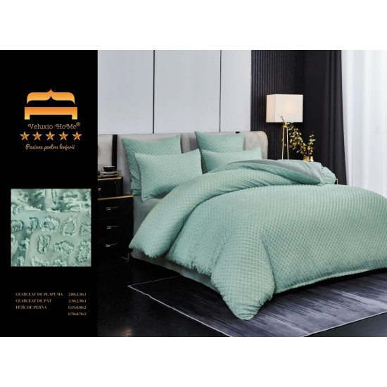 Lenjerie pat dublu, Finet Deluxe cu Smocuri Brodate, 6 piese, Verde, LSB-025 Bumbac Superior