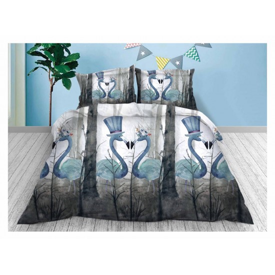 Set Lenjerie de Pat din Bumbac Satinat, 4 Piese, Pat 2 Persoane, Imprimeu 3D Identic cu Poza, Alb-Gri, pasari, LSD-015 Lenjerii de Pat 3D