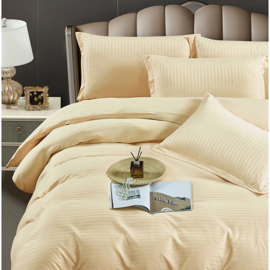 Lenjerie, pat dublu, cu ELASTIC, Damasc Finetat, 6 piese, Crem, LDS-056 Lenjerii Damasc 6 piese cu Cearsaf cu ELASTIC