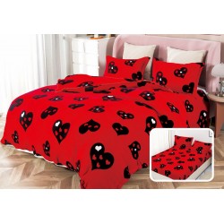 Set Lenjerie Pufoasa Cocolino cu Elastic, 4 Piese, Pat 2 Persoane, Rosu-Negru, inimioare, LEC-002