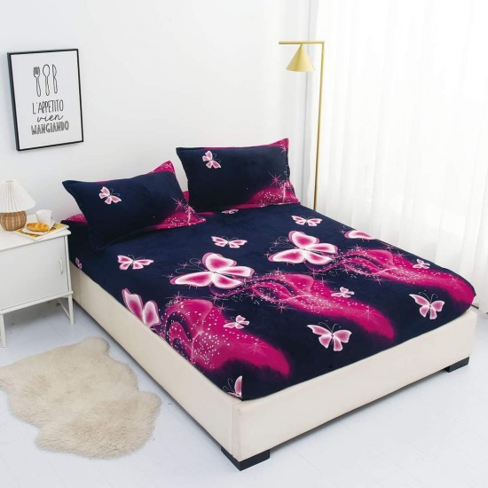 Cearsaf cu elastic COCOLINO, 180x200x25cm, plus 2 fete de perne, Bleumarin-Mov, fluturi, HC-015 Huse Cocolino