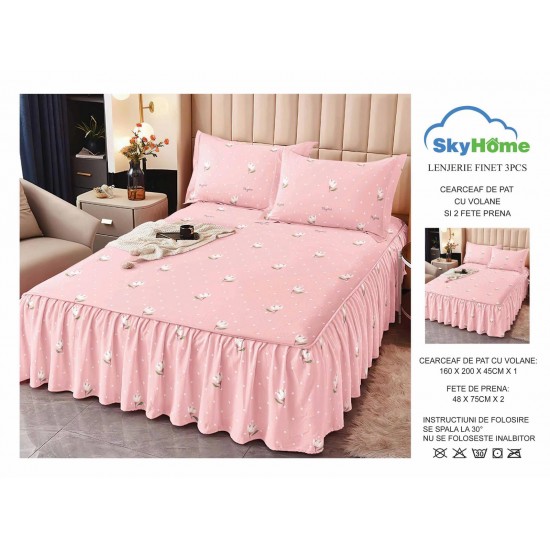 Cearsaf cu volanase, Bumbac FINET, plus  2 fete de perne 50x70cm, Roz-Alb, flori, LDBS-095 3 lenjerii la 199 lei