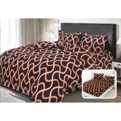 Set Lenjerie Pufoasa Cocolino cu Elastic, 4 Piese, Pat 2 Persoane, Maro-Bej, linii serpuite, LEC-003