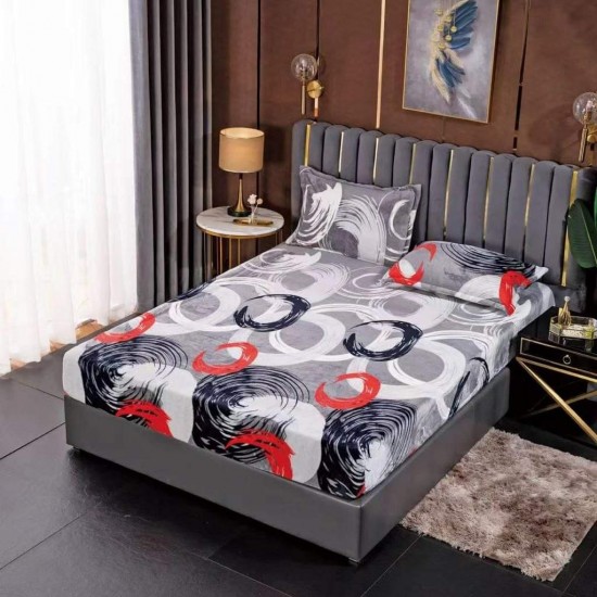 Cearșaf Cocolino cu Elastic 180x200 cm + 2 Fețe de Pernă – Model Cercuri Abstracte Gri cu Roșu, HC-028 Huse Cocolino