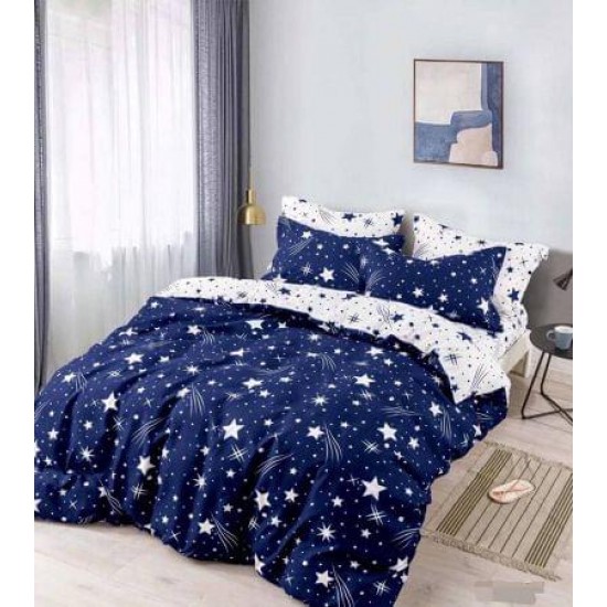 Set Lenjerie de Pat din Finet cu 2 Fete, 6 Piese, Pat 2 Persoane, Bleumarin - Alb, stelute, LDF-052 Lenjerii Finet 6 piese