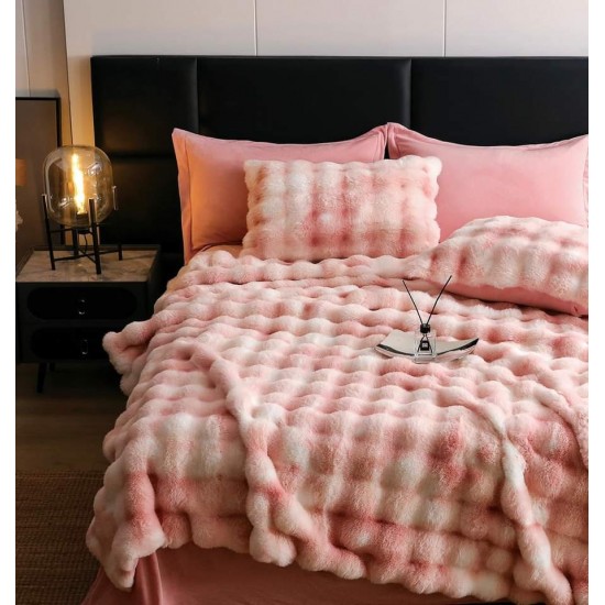 Lenjerie de pat, DeLuxe, cocolino tip blăniță iepure, 2 persoane, 6 piese, Roz-Alb, ombre, LCE-031 Lenjerii Blanita Iepure