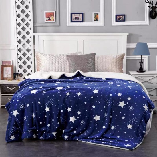 Pătură Cocolino cu blăniță 200x230 cm – moale, călduroasă și premium - Albastru, model stelute, PBC-065 Paturi cu Blanita