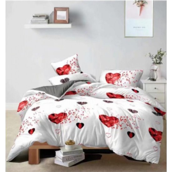 Lenjerie de Pat din Finet, 4 Piese, Pat 1 Persoana, Alb-Rosu, inimioare, LFS-022 Lenjerii Finet 1 persoana