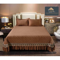 Cuvertura pat dublu, 3 piese, Catifea Matlasata cu Broderie Aurie, 250x270cm, Maro, CCB-026