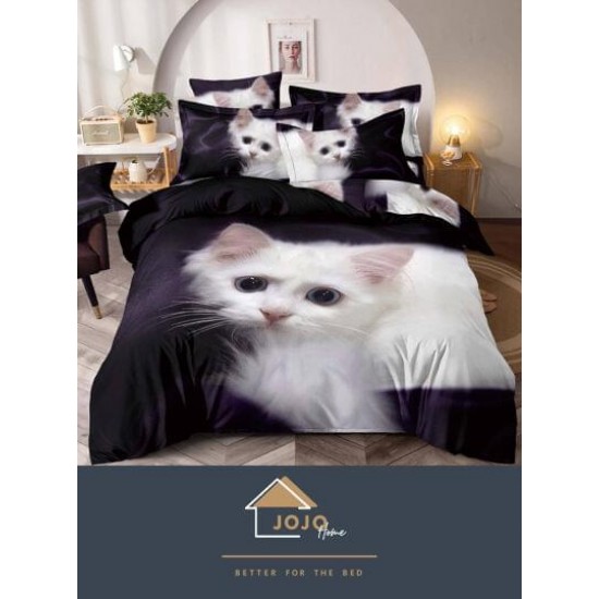 Set Lenjerie de Pat din Finet, 6 Piese, Pat 2 Persoane, Imprimeu 3D Identic cu Poza, Bleumarin-Alb, pisicuta, LFL-010 Lenjerii Finet PREMIUM LUX