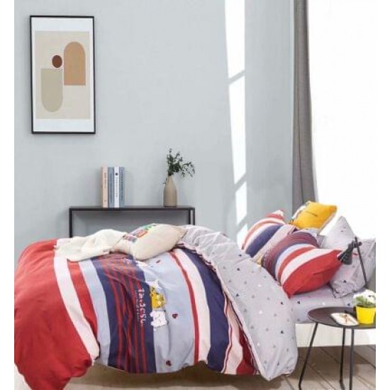 Lenjerie de Pat din Finet, 4 Piese, Pat 1 Persoana, Gri-Multicolor, dungi, LFS-030 Lenjerii Finet 1 persoana