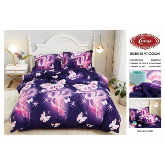 Lenjerie pat dublu, Super Pufoasa COCOLINO, 4 piese, Albastru-Mov, fluturi, LDC-012 Lenjerii cocolino 4 piese