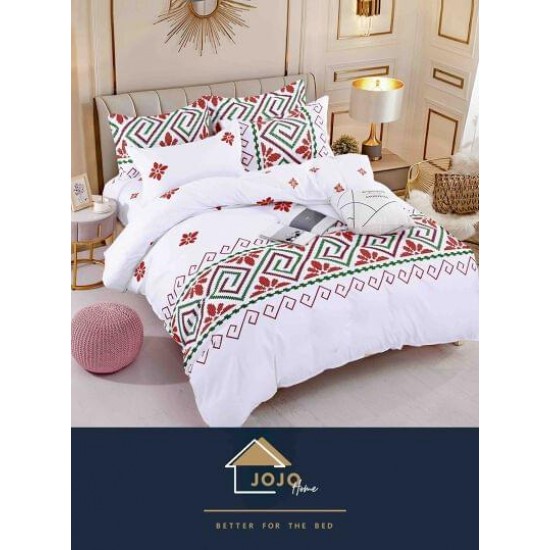 Lenjerie de pat din Finet, Jojo, 6 Piese, Pat 2 Persoane, Alb-Rosu-Verde, model traditional, LDF-139 Lenjerii Finet 6 piese