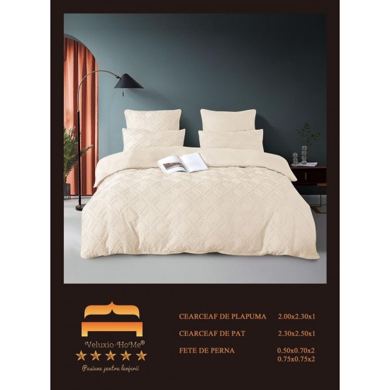 Lenjerie pat dublu, Finet Deluxe cu Smocuri Brodate, 6 piese, Crem, LSB-014 Bumbac Superior
