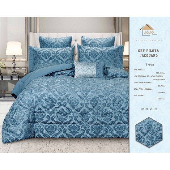 Lenjerie de pat cu elastic si pilota inclusa, bumbac tip jacquard, pat dublu, 7 piese, Albastru, PJD-07 Pilote Jacquard 7 piese