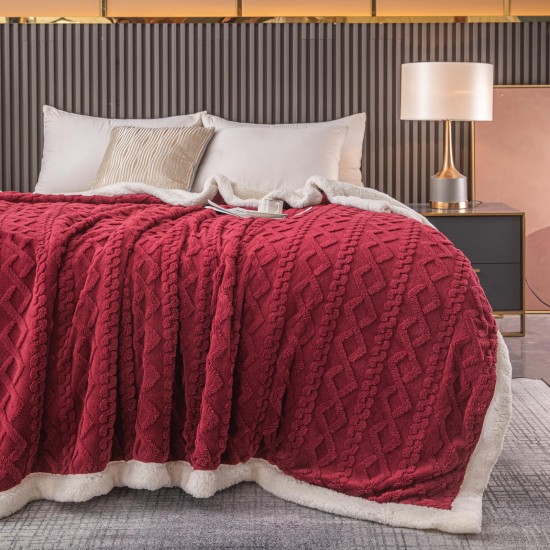 Patura Cocolino cu Blanita, Model Tricotat, Pat 2 Persoane, 200x230 cm, Bordo, PCT-003 Patura cu Blanita tip Tricotaj