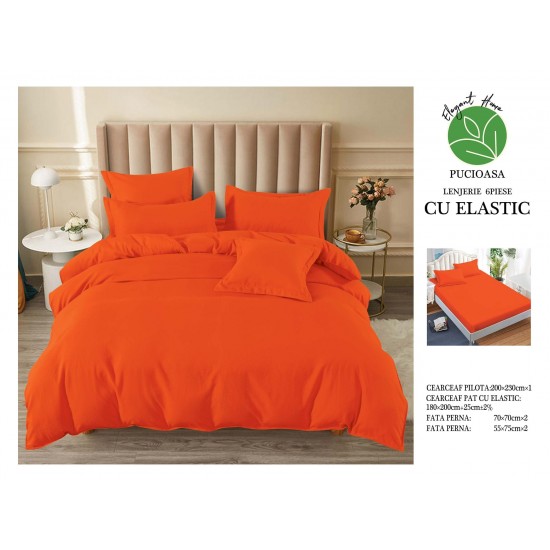 Lenjerie pat dublu, BUMBAC FINET, 6 piese, cu ELASTIC, UNI, Portocaliu, LFU-015 Lenjerii finet 6 piese uni cu elastic