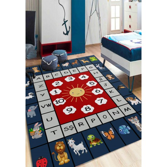 Covor Camera Copii, Antiderapant, Model cu Alfabet/Animale/Numere, Albastru/Rosu/Gri, 80x150 cm, CAM-062 Covorase educative copii 80x150