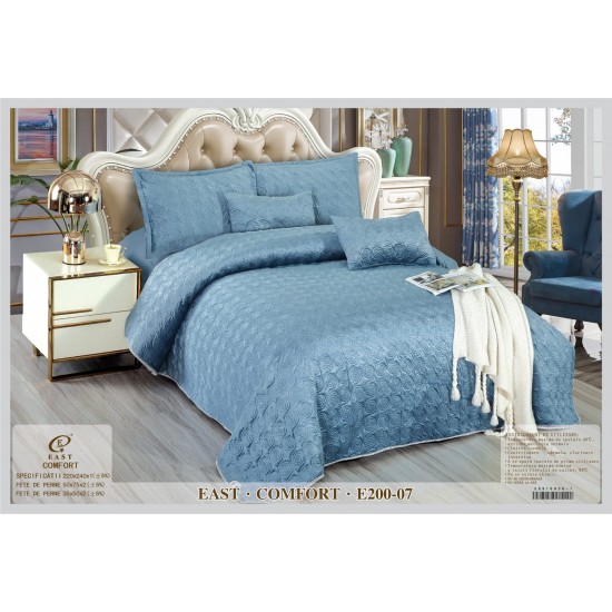 Set Cuvertura si 4 Fete de Perna din Catifea, Matlasata, Albastru, E200-07 Cuverturi Catifea 5 piese