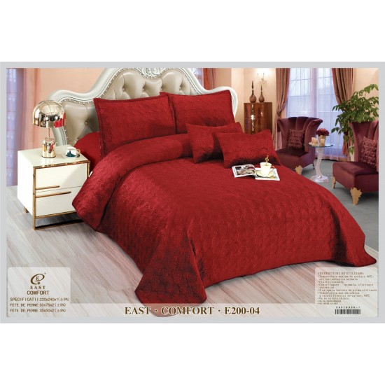 Set Cuvertura si 4 Fete de Perna din Catifea, Matlasata, Visiniu, E200-04 Cuverturi Catifea 5 piese