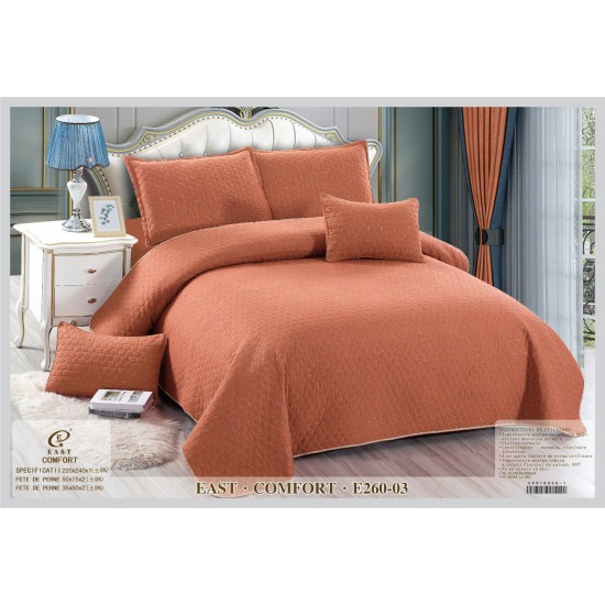 Cuvertura Pat Matlasată, Policoton, Tesatura Ranforce, 5 Piese, Caramiziu, CPR-004 Cuverturi Bumbac cu In 5 piese