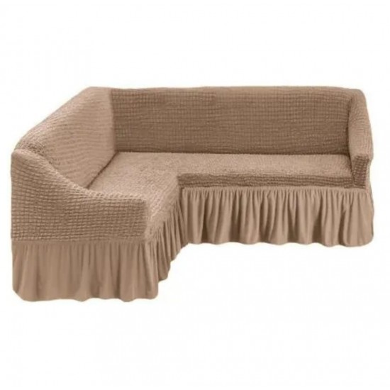 Husa Elastica si Creponata cu Volan pentru Coltar, Bej cacao cu lapte, HCCV-011 Huse Coltar Creponat cu Volane