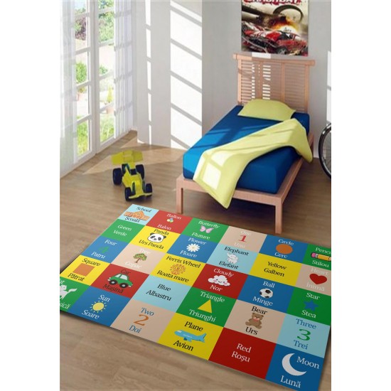 Covor Camera Copii, Antiderapant, Model cu Romana/Engleza, Multicolor, 80x150 cm, CAM-058 Covorase educative copii 80x150