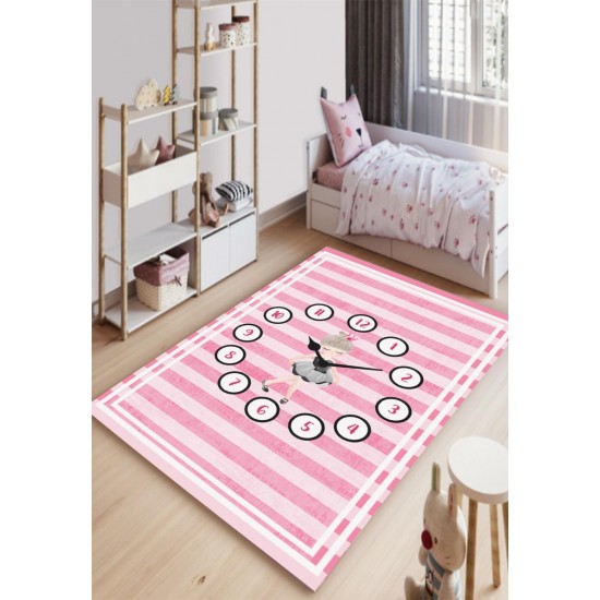 Covor Camera Copii, Antiderapant, Model cu Ceas, Roz-Negru, CAM-042 Covorase educative copii 80x150