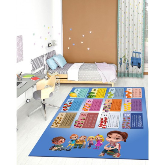 Covor Camera Copii, Antiderapant, Model cu Tabla Inmultirii/Fructe, Multicolor, 80x150 cm, CAM-060 Covorase educative copii 80x150