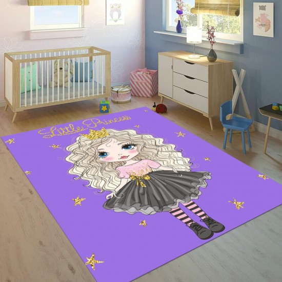 Covor Camera Copii, Antiderapant, Model cu Little Princess,Mov/Gri, CAM-049 Covorase educative copii 80x150
