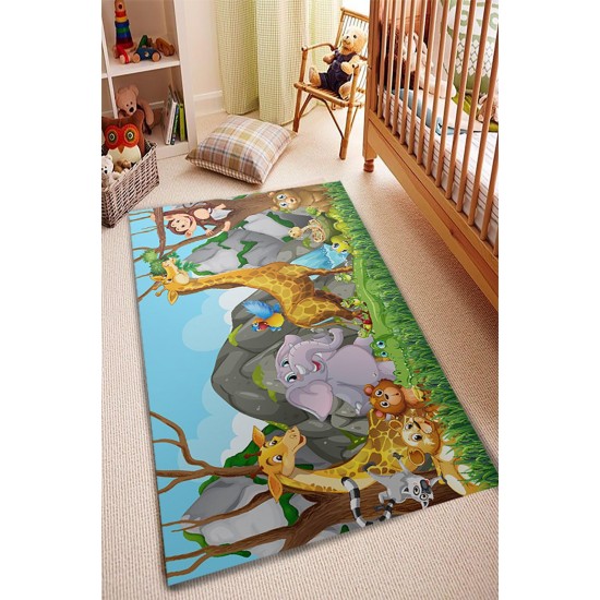 Covor Camera Copii, Antiderapant, Model cu Animale, Portocaliu/Verde, CAM-040 Covorase educative copii 80x150