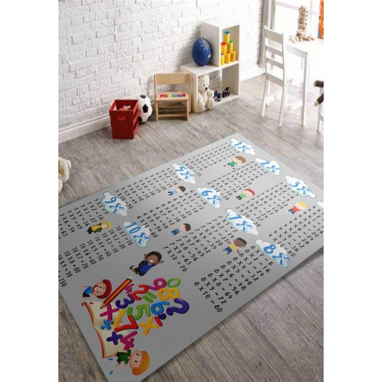 Covor Camera Copii, Antiderapant, Model cu Tabla Inmultirii 1-10, Gri, CAM-039 Covorase educative copii 80x150