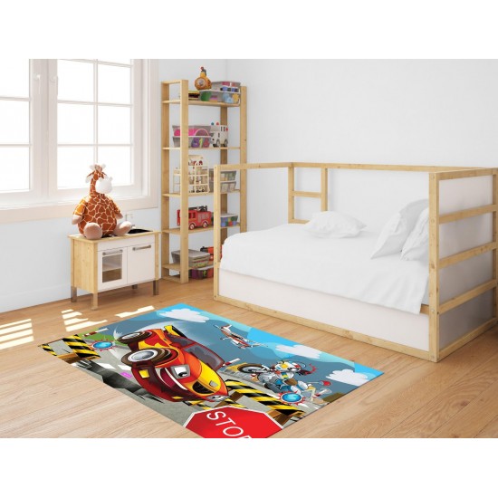 Covor Camera Copii, Antiderapant, Model cu Masinuta, Portocaliu/Rosu, CAM-037 Covorase educative copii 80x150