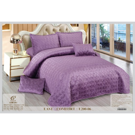 Set Cuvertura si 4 Fete de Perna din Catifea, Matlasata, Mov, E200-06 Cuverturi Catifea 5 piese