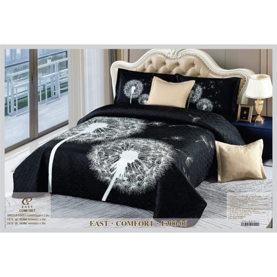 Set Cuvertură Catifea Pat Dublu cu 4 Fețe de Pernă – Model Păpădie Negru cu Alb, Design Elegant, E300-06 Cuverturi Catifea 5 piese